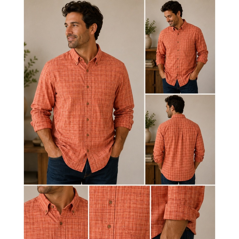 LL Bean Mens XL Orange Plaid Wrinkle‎ Free Traditional Fit Button Down Shirt
